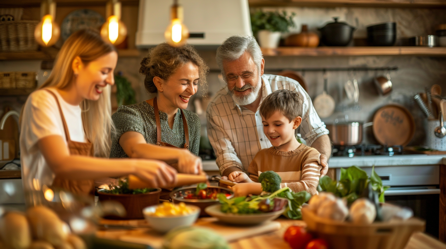 Людина різного віку готує здорову їжу на кухні